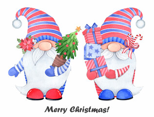 Watercolor illustration. Christmas gnomes on a white background. Cartoon gnomes with gifts and Christmas tree.