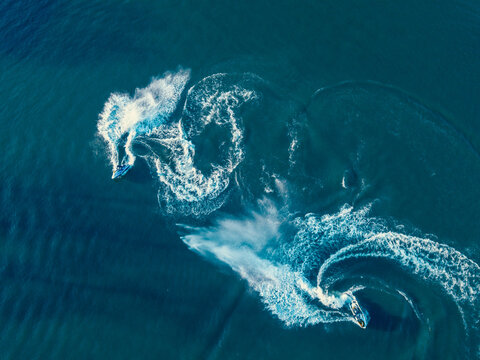 Aerial view of Jetski's on the Maas river, Maastricht, The Netherlands