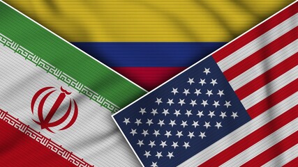 Colombia United States of America Iran Flags Together Fabric Texture Effect Illustration