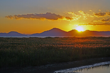 석양이 비추는 바다