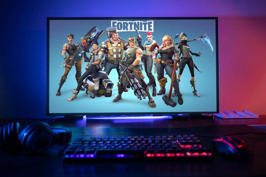 Curitiba, Paraná, Brazil - February 9, 2021: Fortnite game on the PC. Fortnite is an online multiplayer video game developed by Epic Games. Selective focus