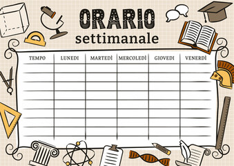 Italian Vintage Template of a school schedule for 5 days of the week for students. Vector illustration in doodle styles. Includes hand-drawn elements on a school theme. Translation: Timetable