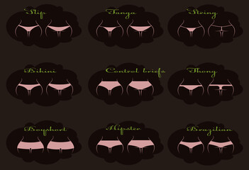 Pink panties of various shapes on the female figure. Thongs and bikinis, sports panties and slip-on panties. Vector illustration is vector, isolated on a brown background.