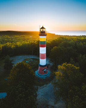 Aerial view of Nida lighthouse in early summer morning light. Shot in Lithuania.