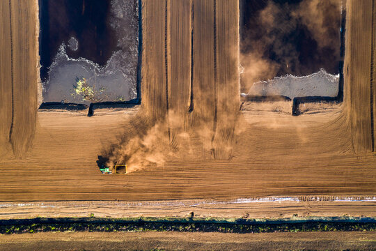 Aerial view of peat bog exploitation for commercial purposes in Lithuania.