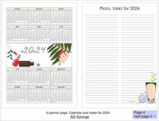 Obraz premium Calendar for 2024, with illustration of female hands. Red nails, cuticle oil and nail polish. Annual plans worksheet. 4 pages for the planner.