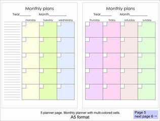 Table for entering monthly plans. Monthly planner. Colored cells. Template for A5 planner. Page 5