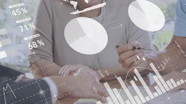 Statistical data processing against caucasian senior couple signing documents