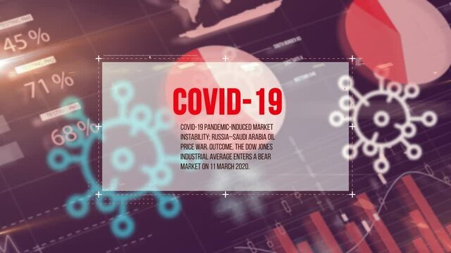 Covid-19 text banner and covid-19 cells icons floating against statistical data processing