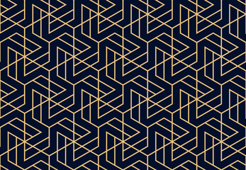 Abstract geometric pattern with stripes, lines. Seamless vector background. Gold and dark blue ornament. Simple lattice graphic design