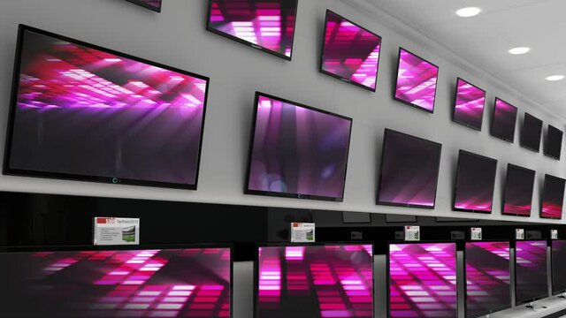 Interior of electronics store with synchronized video playing on screens of multiple televisions