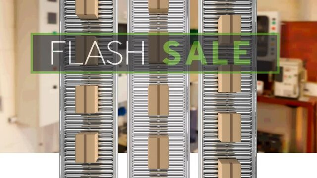 Flash sale text banner over multiple delivery boxes on conveyer belt against factory