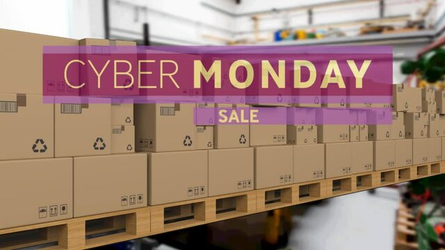 Cyber monday sale text banner over multiple delivery boxes on conveyer belt against factory