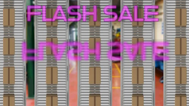 Neon pink flash sale text banner over multiple delivery boxes on conveyer belt against factory