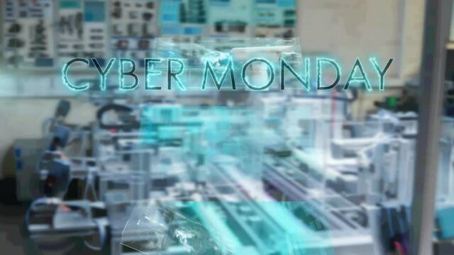 Neon blue cyber monday text banner against screens with data processing against factory