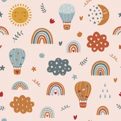 Foto op Plexiglas Seamless childish pattern with hand drawn rainbows, clouds and hot air balloons. Scandinavian style pattern. Vector illustration © Jellicle