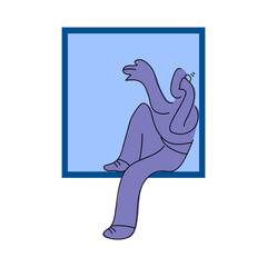 The silhouette of a person. A man is sitting on the window, one leg hanging down and talking on the phone. An abstract image.