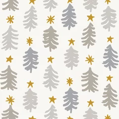 Gardinen Modernes nahtloses Weihnachtsmuster mit Weihnachtsbäumen in gedämpfter, neutraler Farbpalette. Wintervektordesign für Geschenkverpackung, Scrapbooking, Tapeten, Wohnkultur, Kinderkleidung, Stoff. © mgdrachal