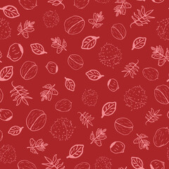Vector Red Leaves and Nuts Autumn doodle background pattern
