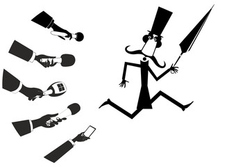Reporters and running away man concept illustration. Hands of reporters with microphones. Running away politician or businessman in the top hat with an umbrella who does not want to give interview