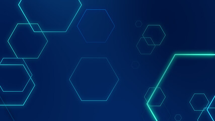 Hexagon geometric blue neon lights technology Hi-tech dark background. Abstract graphic digital future science concept design.