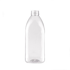 Transparent bottle, isolated on a white background. Rectangular bottle.