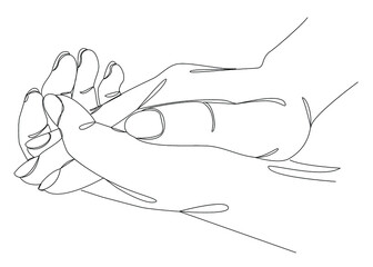 Silhouettes of human hands folded into a castle, in a modern one line style. Continuous line drawing, aesthetic outline for home decor, posters, wall art, stickers, logo. Vector illustration.