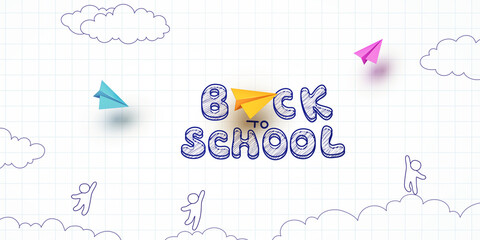 Back to school notebook background. Drawing children and flying colorful airplanes banner. Vector doodle kids with 3d color paper planes on education poster