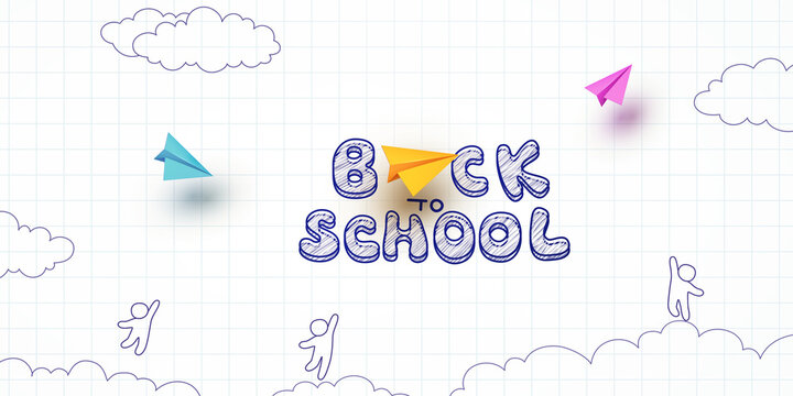 Back to school notebook background. Drawing children and flying colorful airplanes banner. Vector doodle kids with 3d color paper planes on education poster