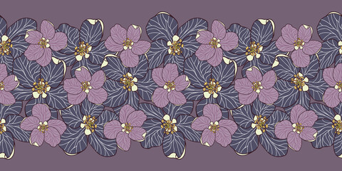 Flower garland of hand drawn Apple flowers in blue and purple. Modern floral seamless vector pattern Border suitable for fashion fabrics, wallpaper, curtains and upholstery.