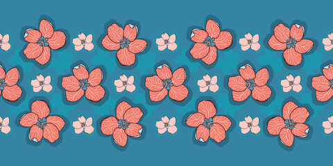Flower garland of hand drawn red and pink Apple flowers with shadows on blue background. Modern floral seamless vector pattern Border suitable for fashion fabrics, wallpaper, curtains and upholstery.