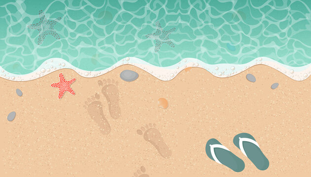 Summer beach background with sand and wave. Top view. Vector illustration