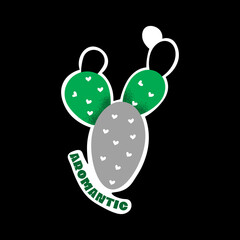 LGBTQIA Gender Sticker. Isolated Green and Gray Cactus with hearts and Aromantic Title. Vector illustration