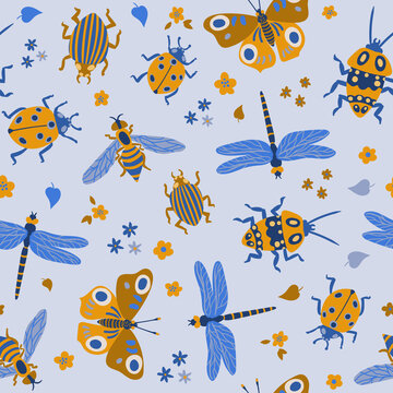 Summer vector illustration with various insects and flowers in blue and yellow colors. Seamless background with insects: butterflies, dragonflies, wasps, beetles, ladybugs. Hand drawn in a flat style