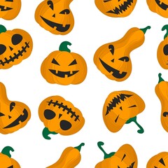 Seamless pattern Halloween pumpkin on a white background. Vector flat illustration. wallpapers, textiles, banners design. Festive theme - pumpkin with smile. 