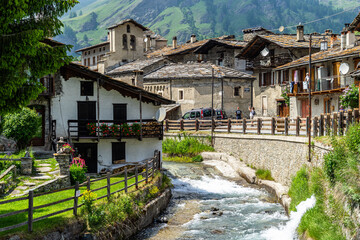 View of Chianale, a typical alpine village in Piedmont region and one of the most beautiful villages in Italy