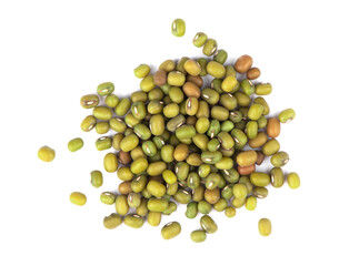 Green mung bean scattered on white background