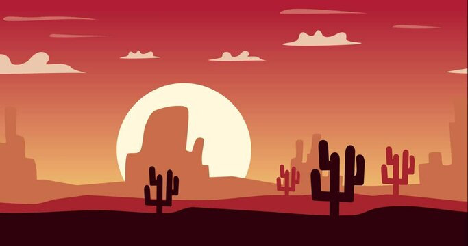 red sunset western cactus desert background animation
