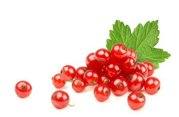 Ripe red currant with green leaf isolated on white background.