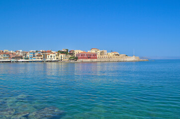 Fototapeta na wymiar View from the embankment to the old town in Chania, Crete in Greece
