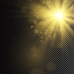 The bright light of the sun. Transparent sunlight. Special lens flare light effect. Front solar lens flare. 
