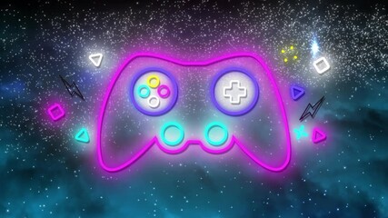 Digital animation of neon gaming controller icon against shining stars on blue background - Powered by Adobe