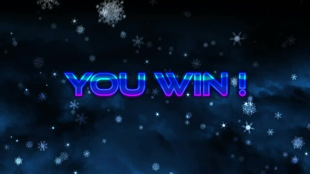 Digital animation of you win text over snowflakes falling against blue background