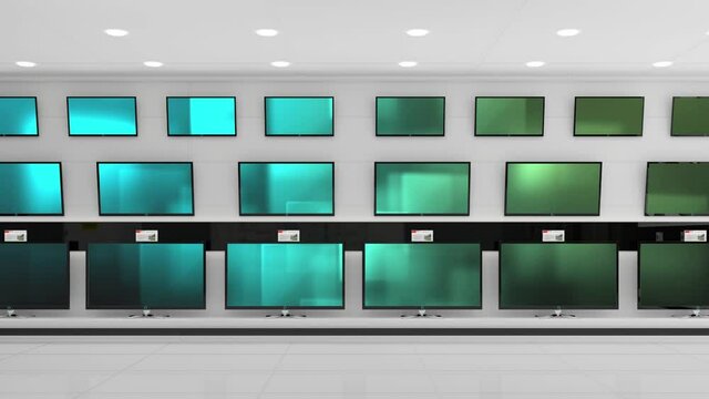 Interior of electronics store with synchronized video playing on screens of multiple televisions