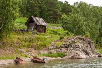 Landscapes of Siberia. Small settlements in mountainous places on the Kiya River. Kemerovo region....