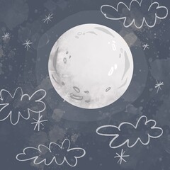 Hand drawn abstract moon with the clouds on the sky. Cartoon illustration for wallpaper or background