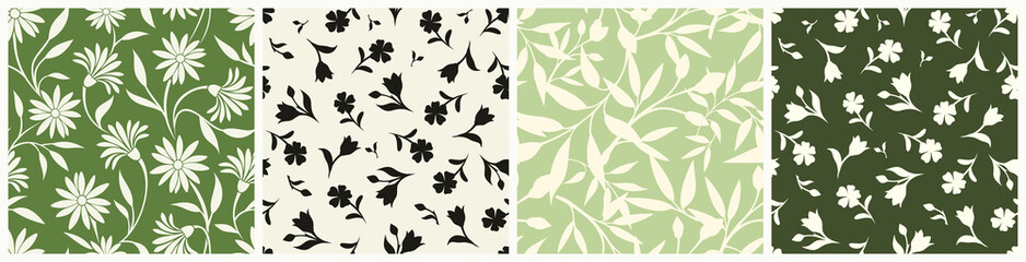 Set of four green and beige floral patterns with flowers and leaves. Vector seamless backgrounds.