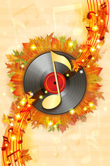 Autumn background with fallen leaves, notes and vinyl record.