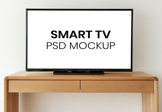 Smart TV Screen Mockup on Wooden Table
