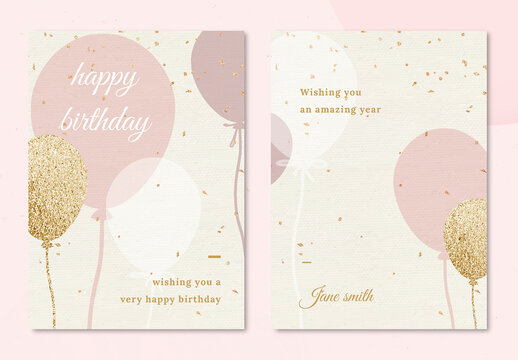 Birthday Greeting Layout with Pink and Gold Balloon Illustration
